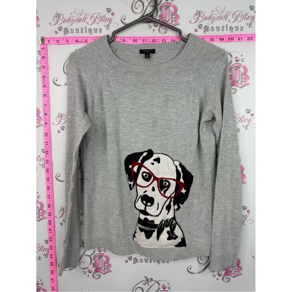 Talbots Petite Light Gray Crewneck Sweater Dalmatian dog